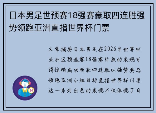 日本男足世预赛18强赛豪取四连胜强势领跑亚洲直指世界杯门票